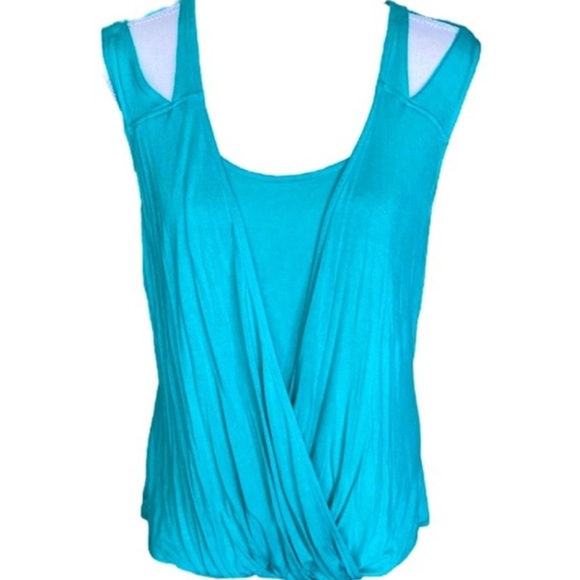 NY & Co Teal Hidden Knot Draped Wrap Top Dance Workout Knit Cutout Shoulders - Picture 11 of 11